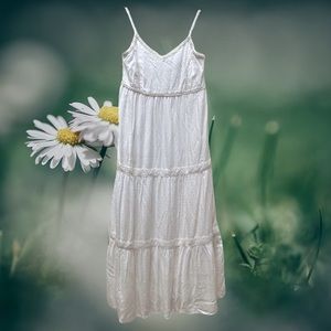 Joie White Tiered Maxi Sun Dress Crochet Lace Trim Boho Coastal Beach Wedding